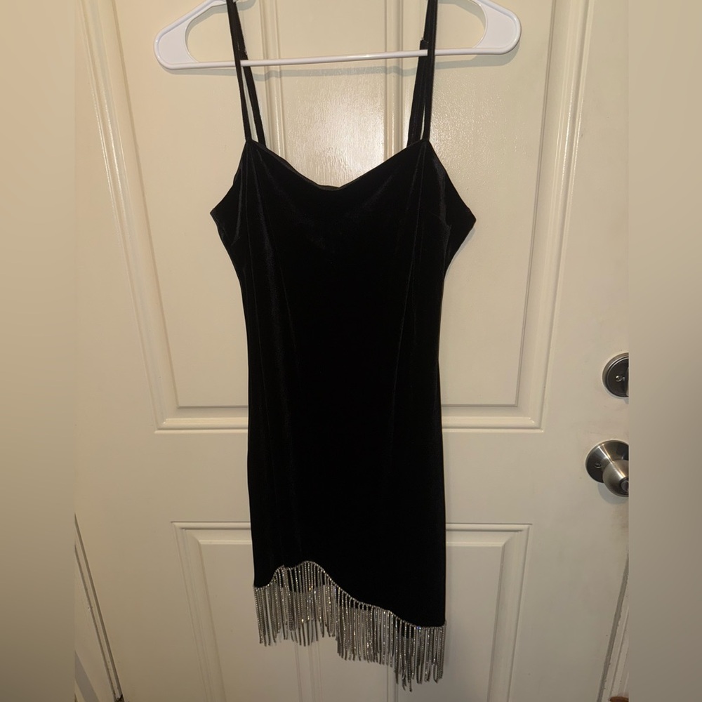 Fashion Nova Black Mini Dress with Silver Fringe